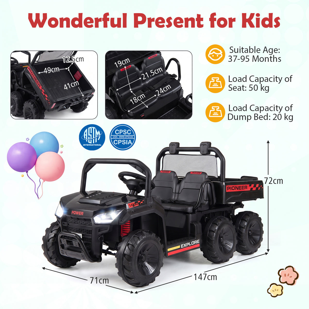 24V 2-Seater Ride on Dump Truck, 4WD Kids Ride on Car