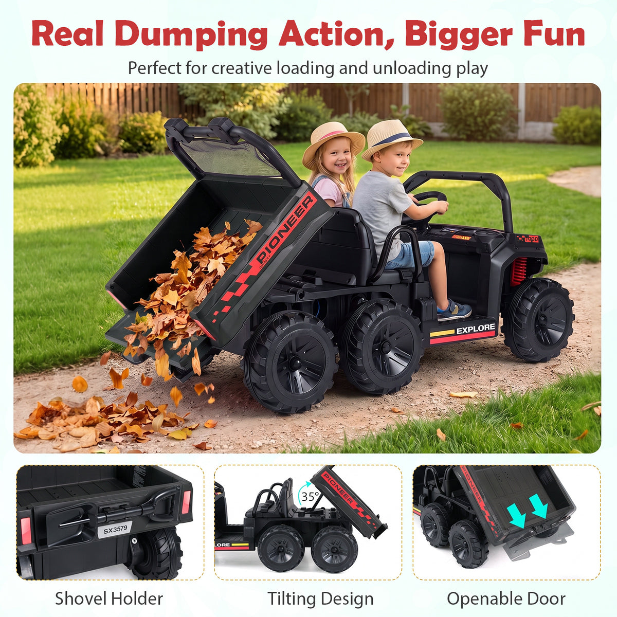 24V 2-Seater Ride on Dump Truck, 4WD Kids Ride on Car