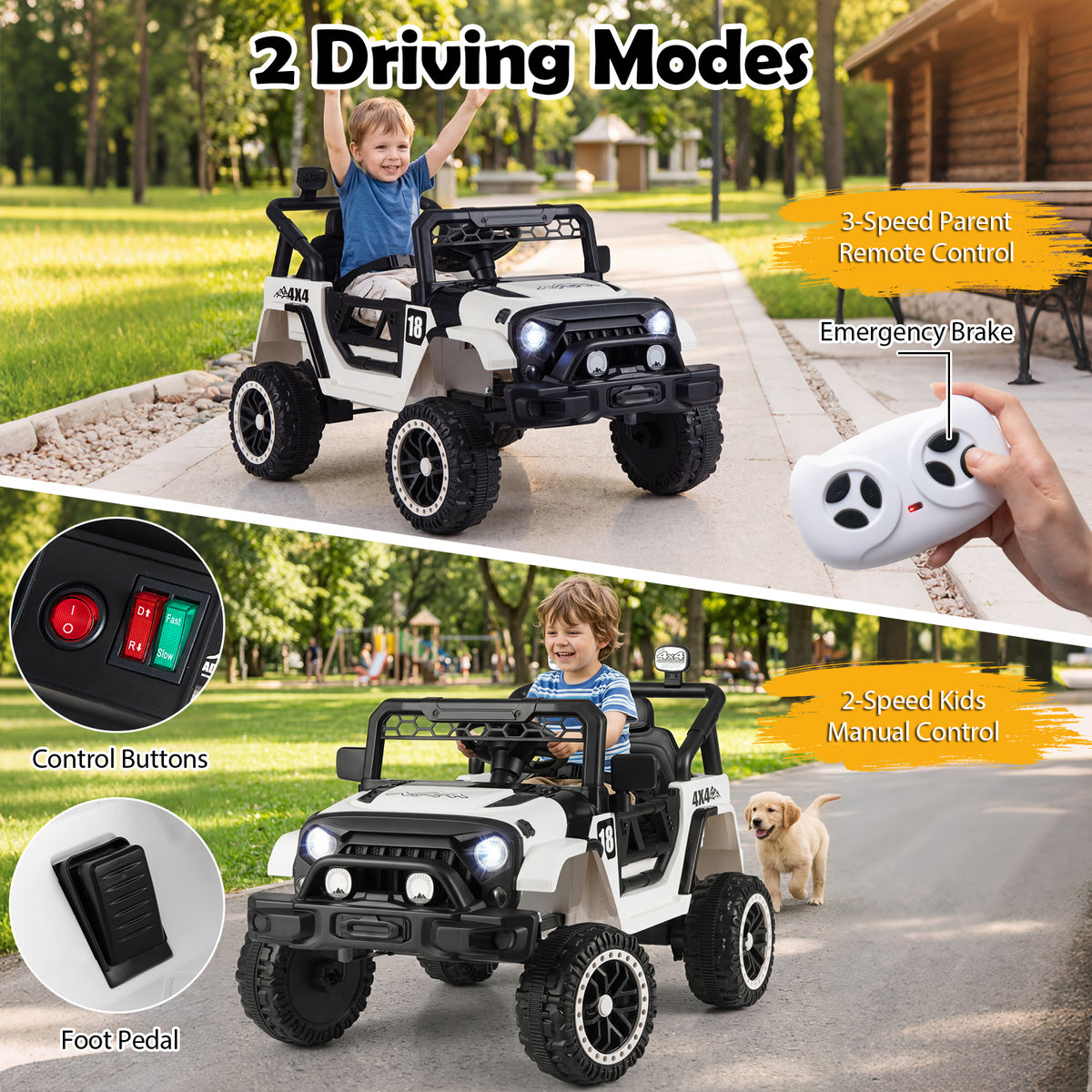 Kids Ride on Truck, 12V Electric Toy Vehicle w/ Remote Control, 3 Speeds, LED Lights, Horn, Music, Story, USB, AUX