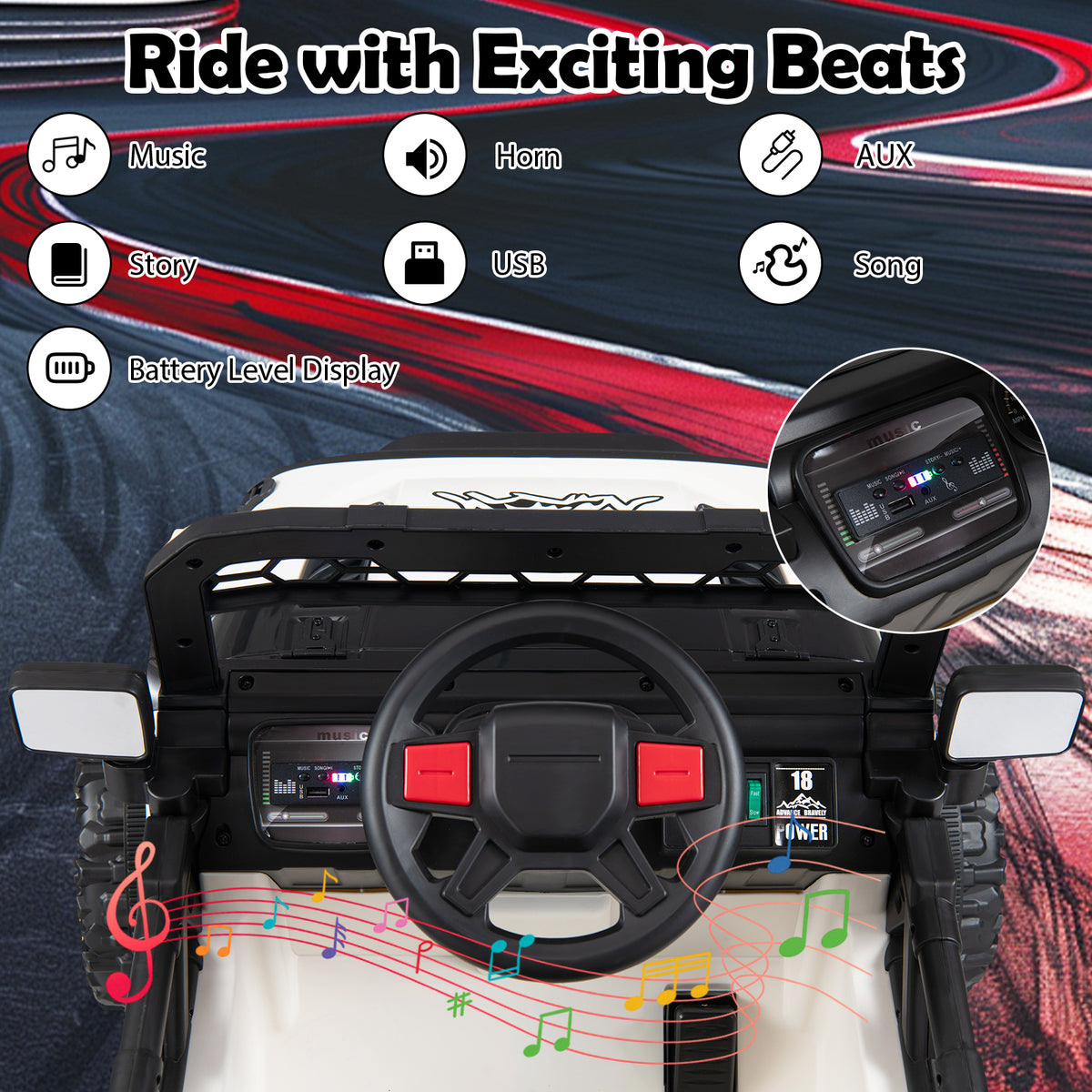 Kids Ride on Truck, 12V Electric Toy Vehicle w/ Remote Control, 3 Speeds, LED Lights, Horn, Music, Story, USB, AUX
