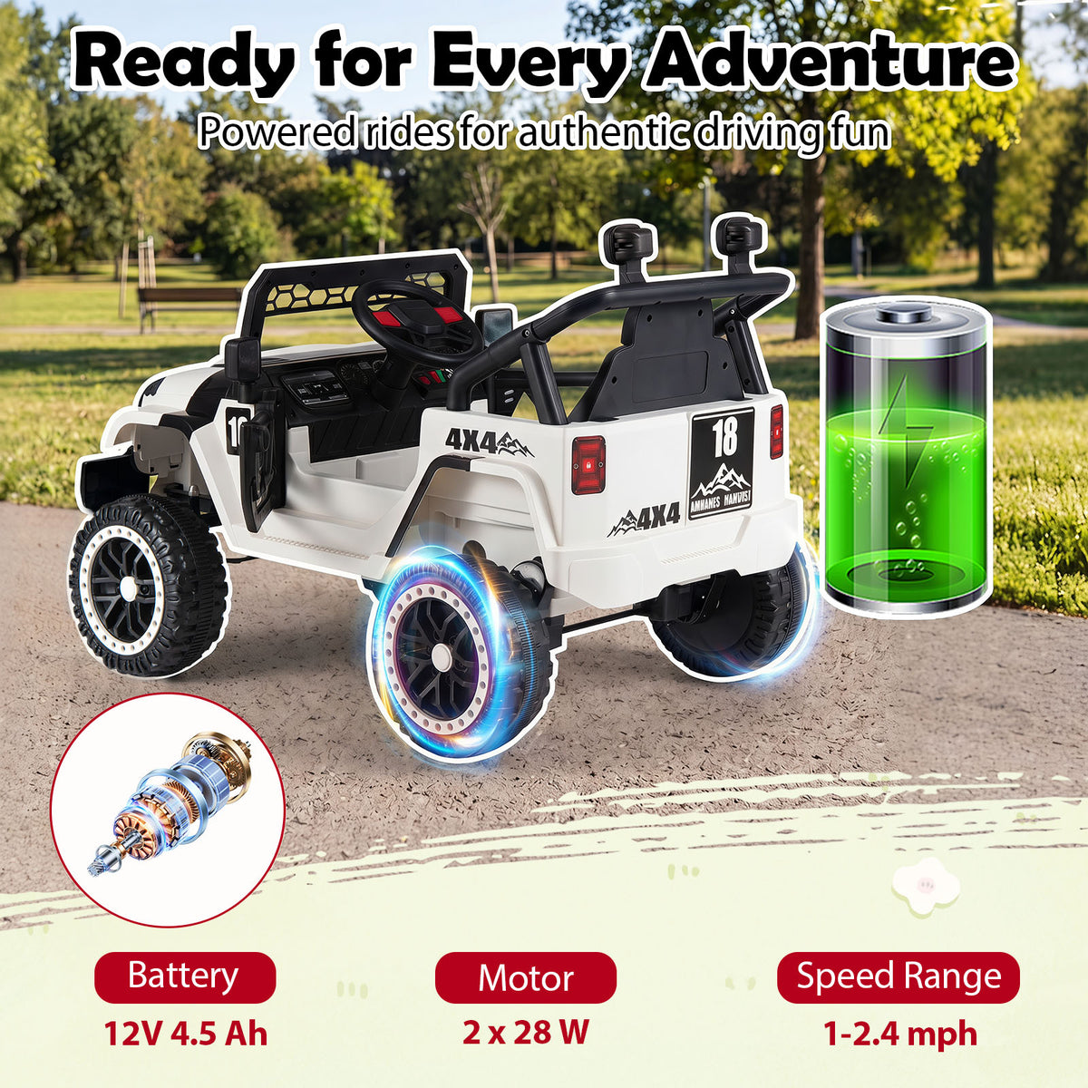 Kids Ride on Truck, 12V Electric Toy Vehicle w/ Remote Control, 3 Speeds, LED Lights, Horn, Music, Story, USB, AUX