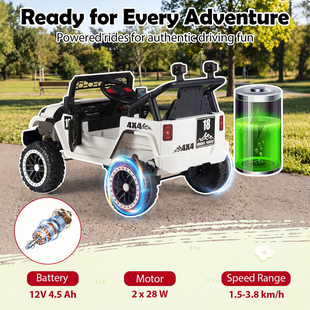 Kids Ride on Truck, 12V Electric Toy Vehicle w/ Remote Control, 3 Speeds, LED Lights, Horn, Music, Story, USB, AUX