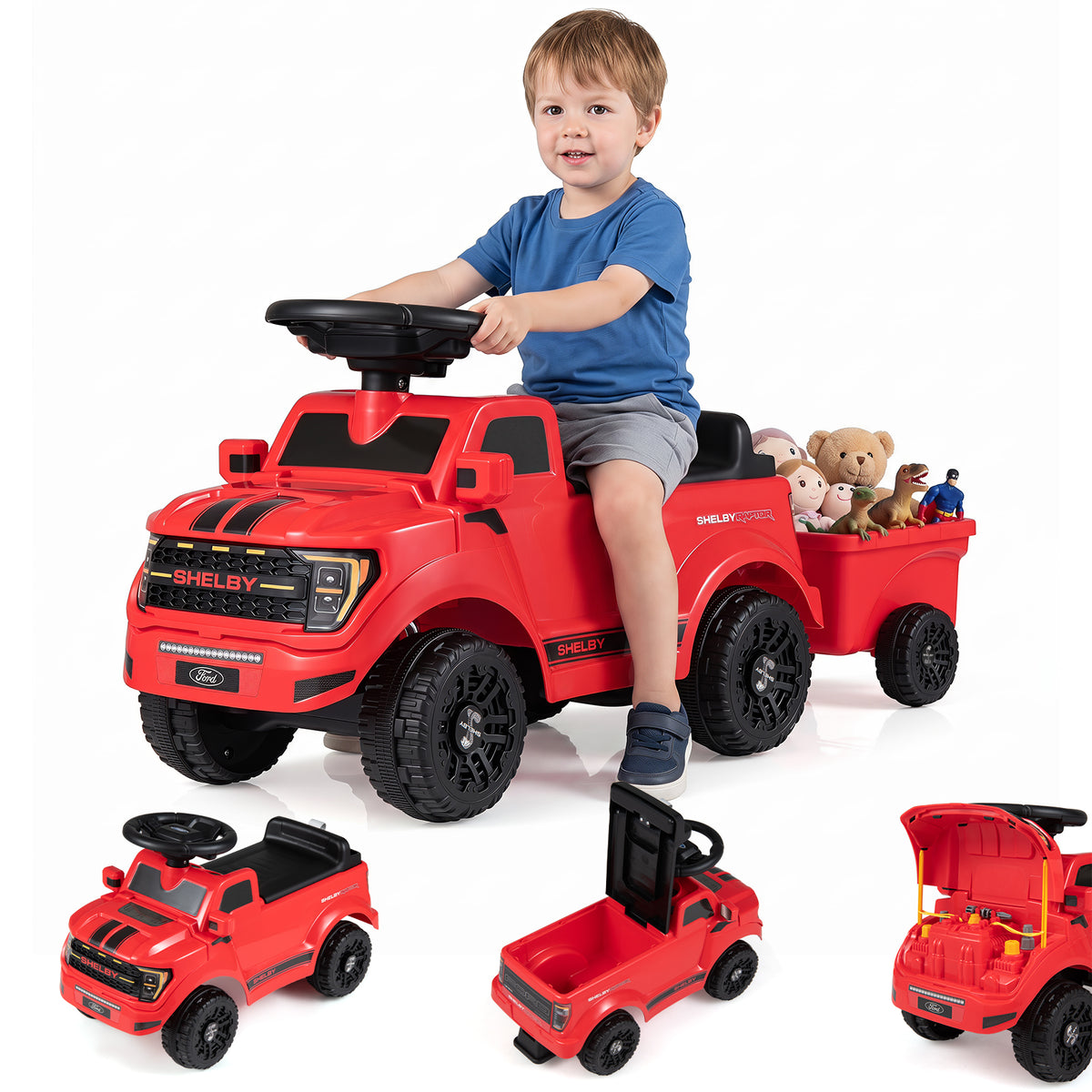 Kids Ride On Push Car w/Detachable Trailer & Truck Engine Toy