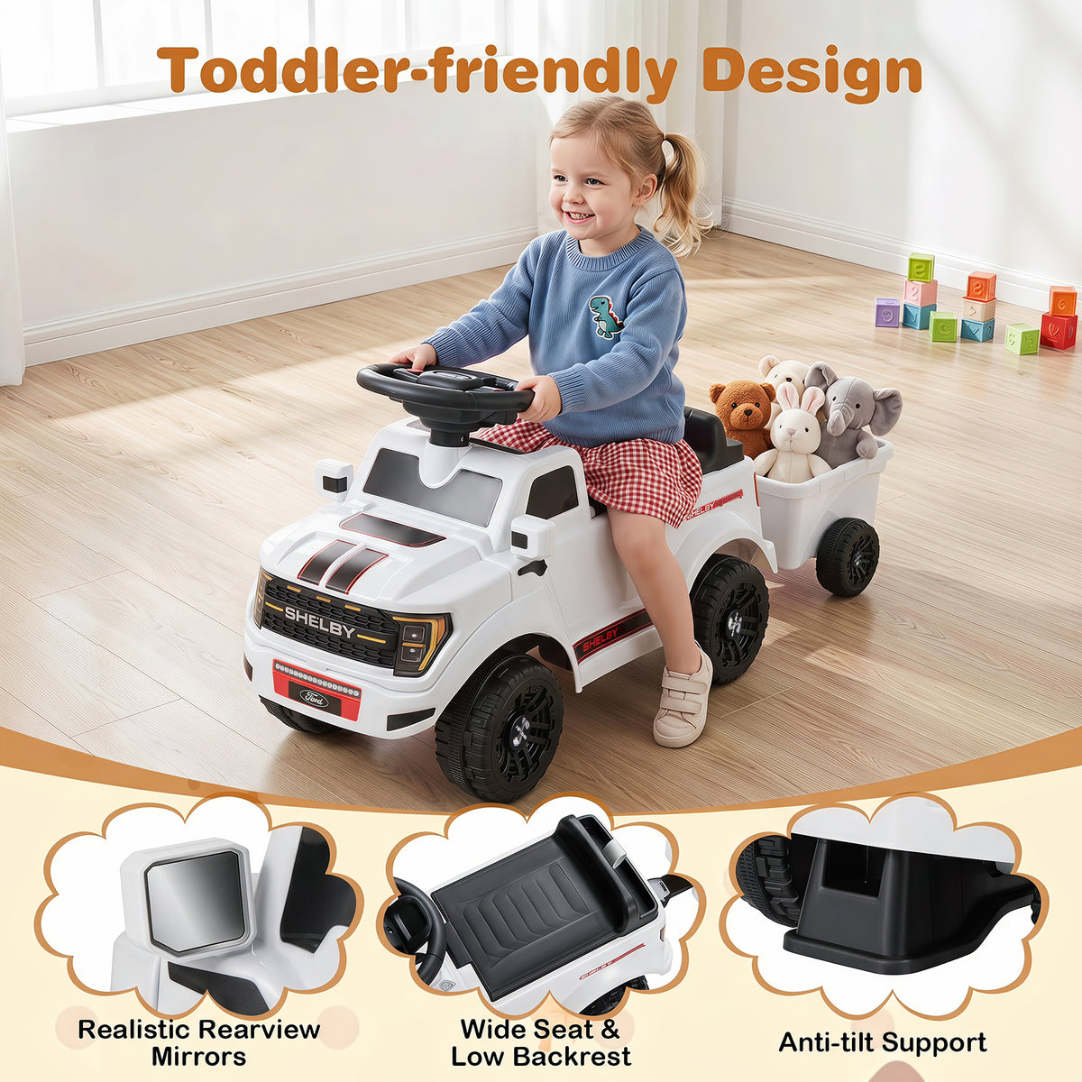 Kids Ride On Push Car w/Detachable Trailer & Truck Engine Toy