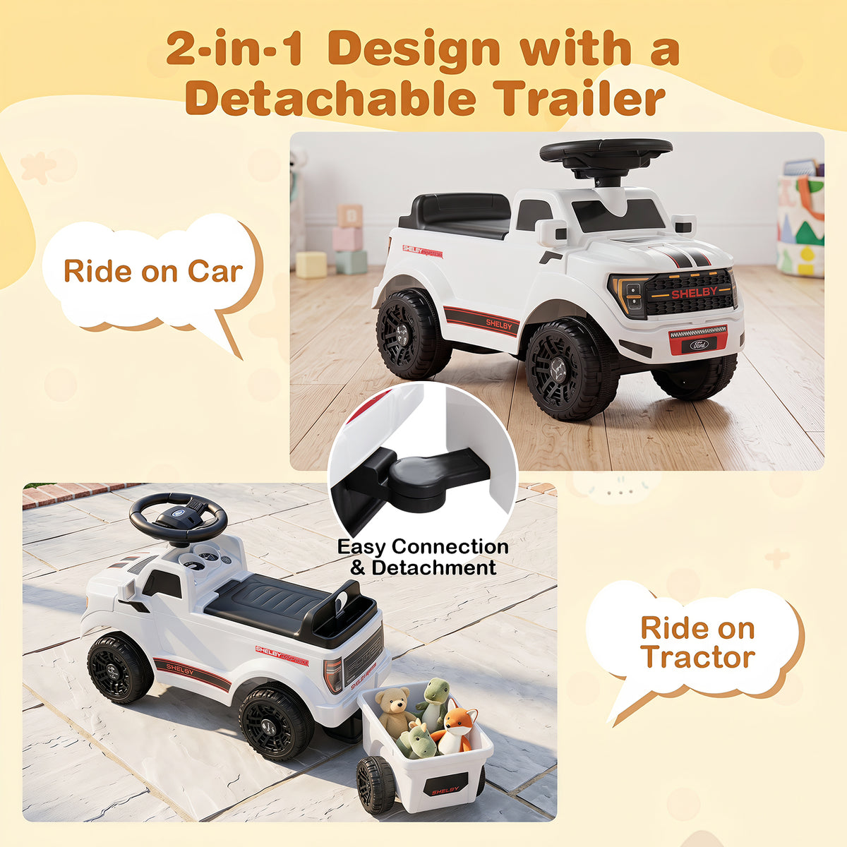 Kids Ride On Push Car w/Detachable Trailer & Truck Engine Toy