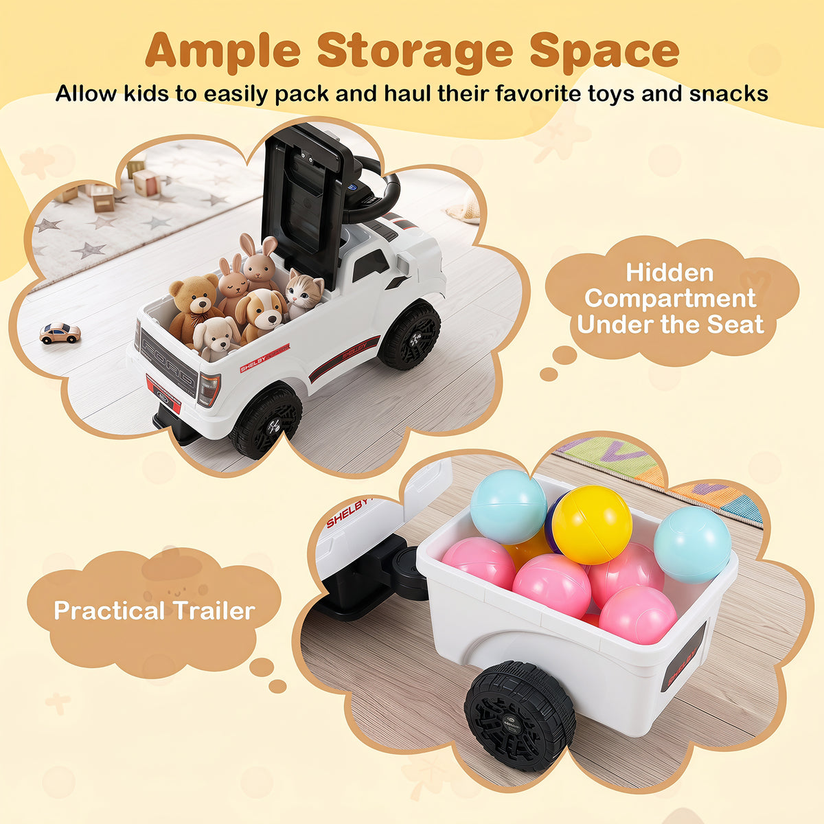 Kids Ride On Push Car w/Detachable Trailer & Truck Engine Toy