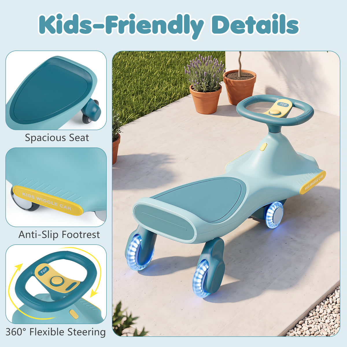 Wiggle Car for Kids w/ LED Flashing Wheels, Music, Horn