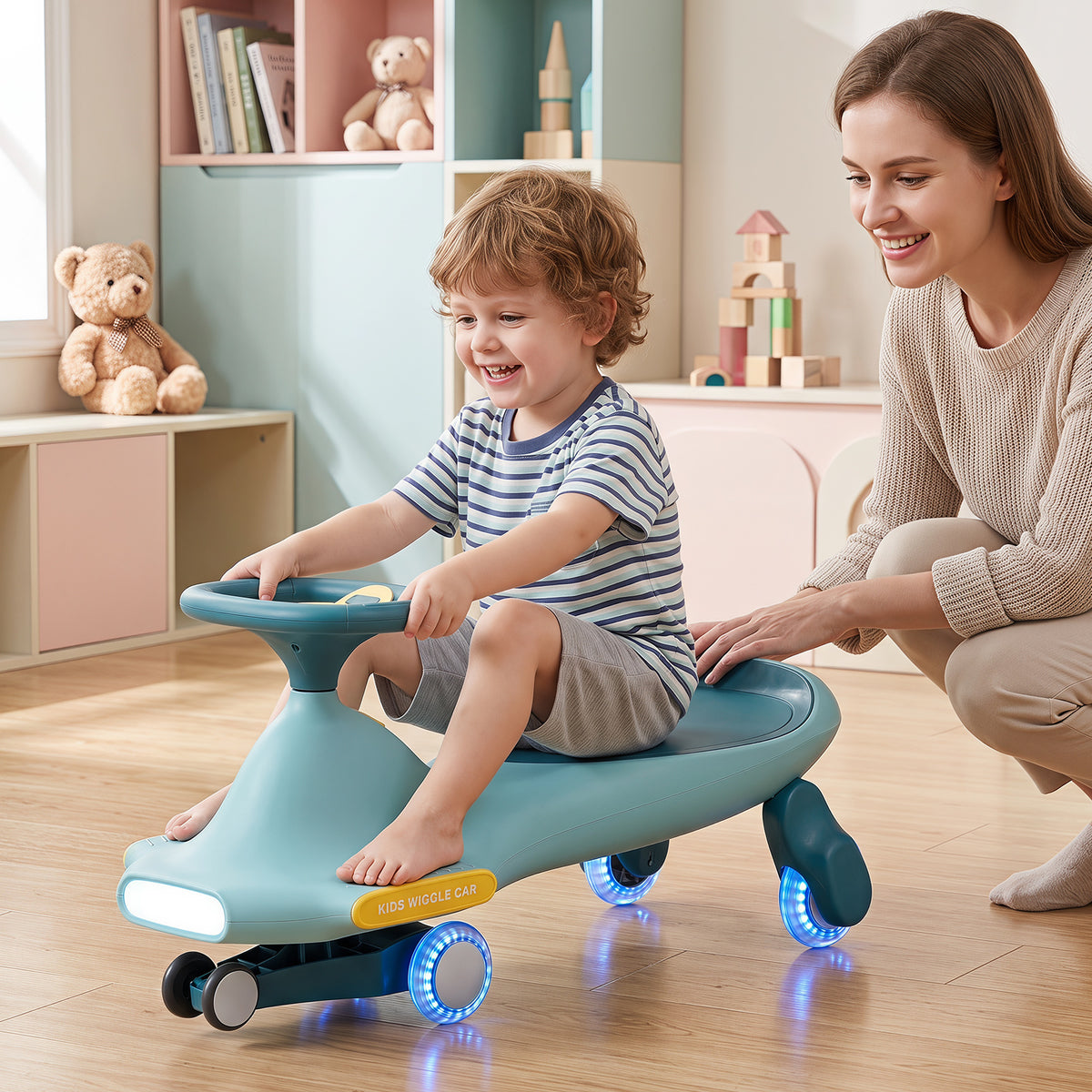 Wiggle Car for Kids w/ LED Flashing Wheels, Music, Horn