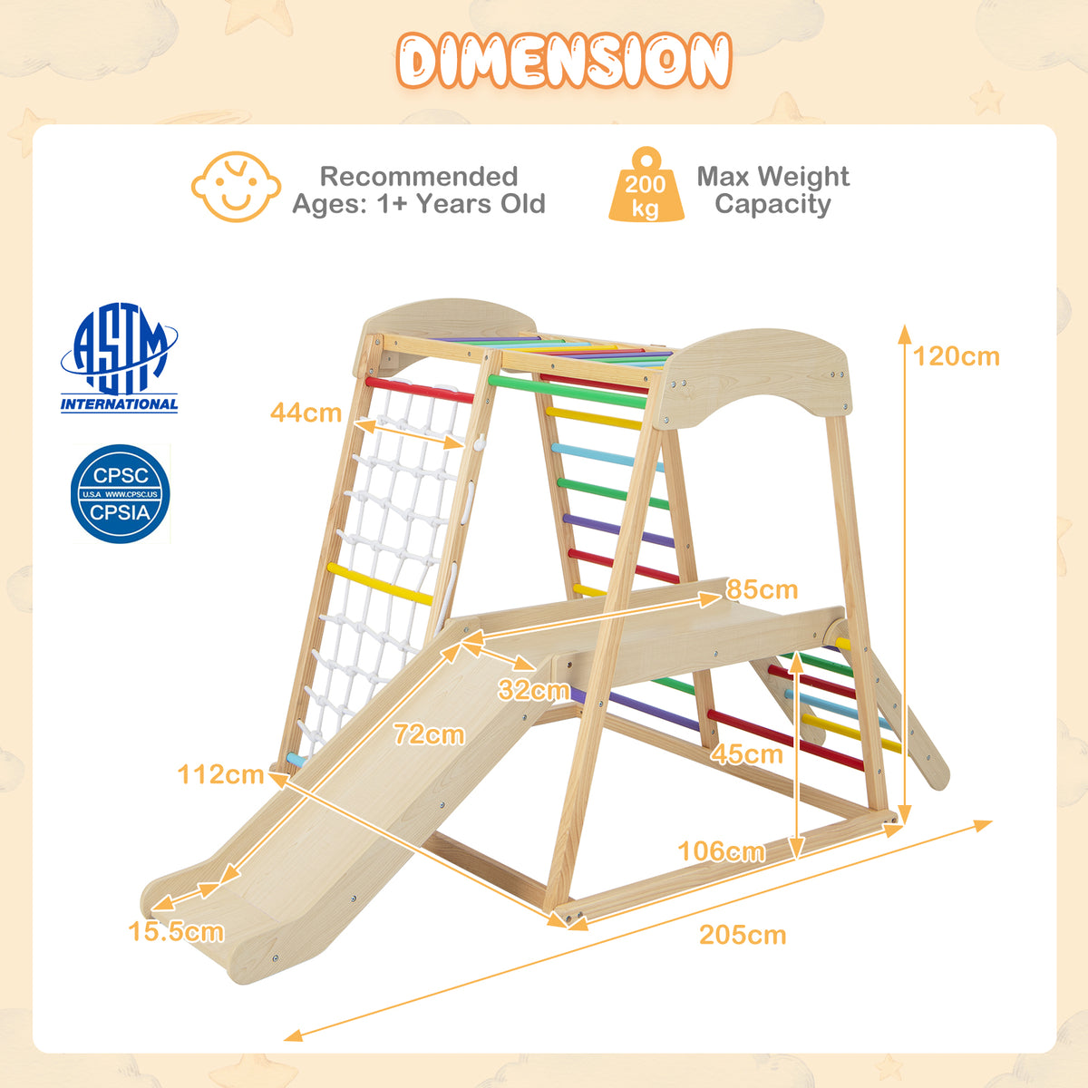 6-in-1 Indoor Jungle Gym, Kids Wooden Playground