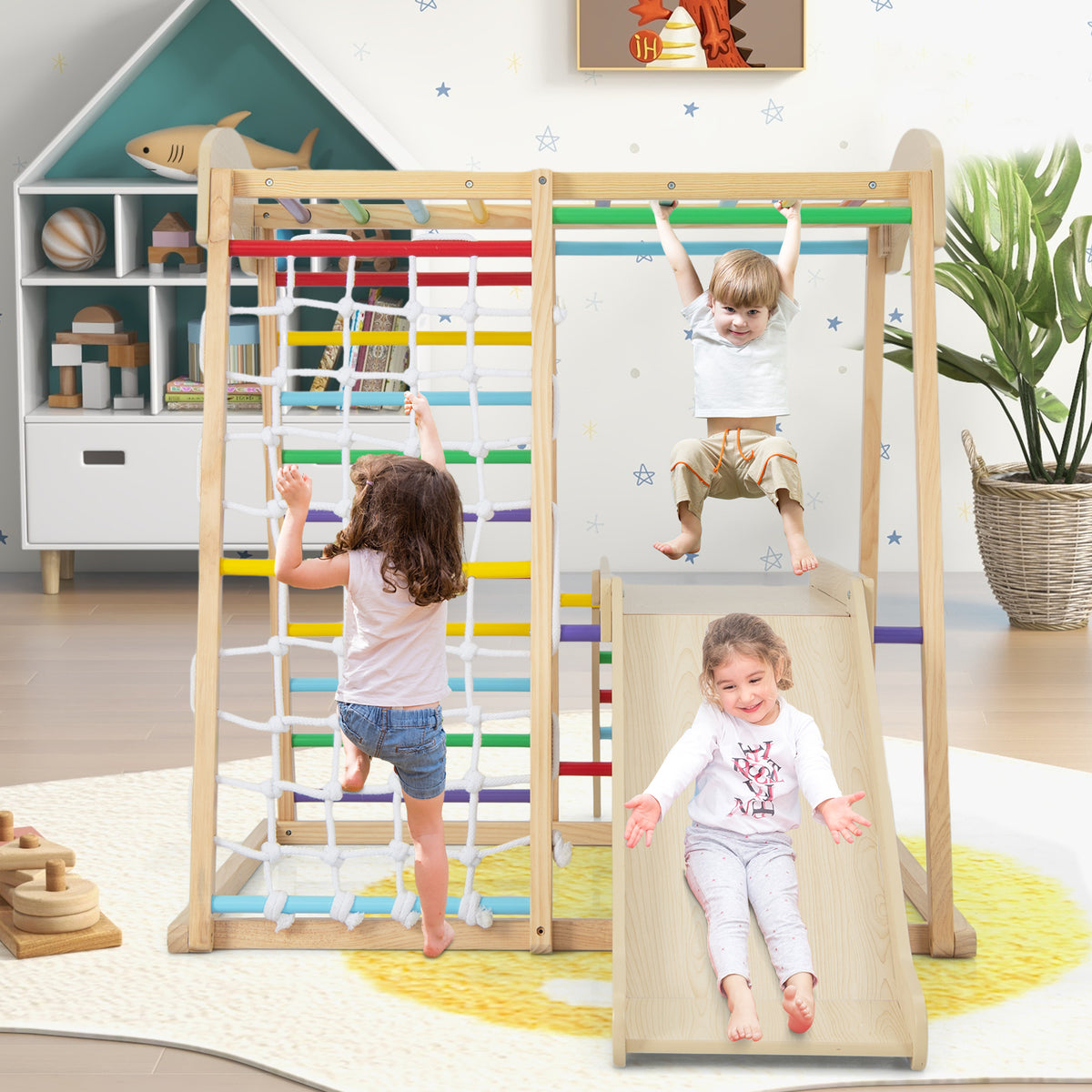 6-in-1 Indoor Jungle Gym, Kids Wooden Playground