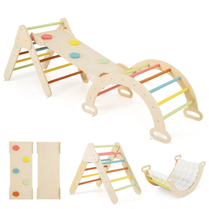 Kids Triangle Climbing Toys Set, 5 in 1 Toddler Wooden Climbing Gym Arch Rocking Playset
