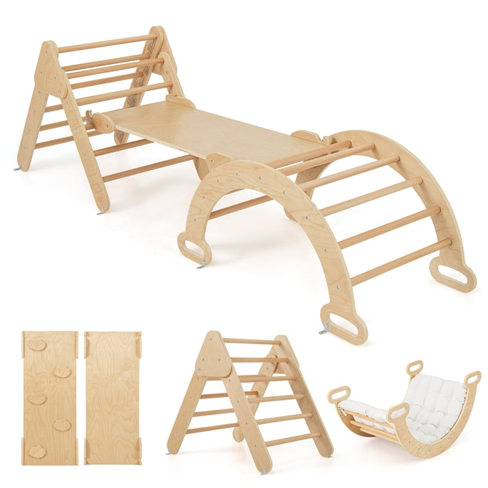 Kids Triangle Climbing Toys Set, 5 in 1 Toddler Wooden Climbing Gym Arch Rocking Playset