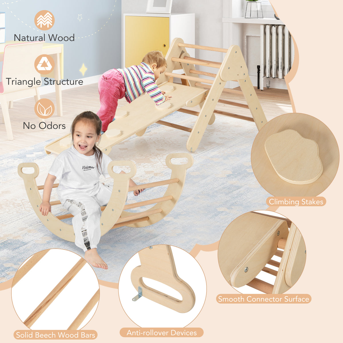 Kids Triangle Climbing Toys Set, 5 in 1 Toddler Wooden Climbing Gym Arch Rocking Playset