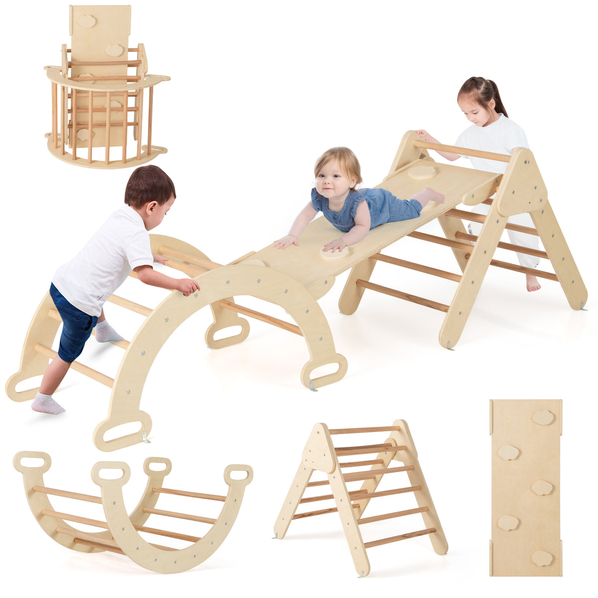 Kids Triangle Climbing Toys Set, 5 in 1 Toddler Wooden Climbing Gym Arch Rocking Playset