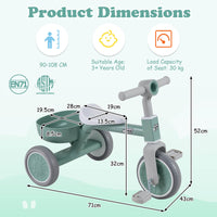 onvertible Kids Tricycle, Toddler Trike with 86° Limited Steering Angle, Carbon Steel Frame, Removable Pedals & Detachable Storage Basket