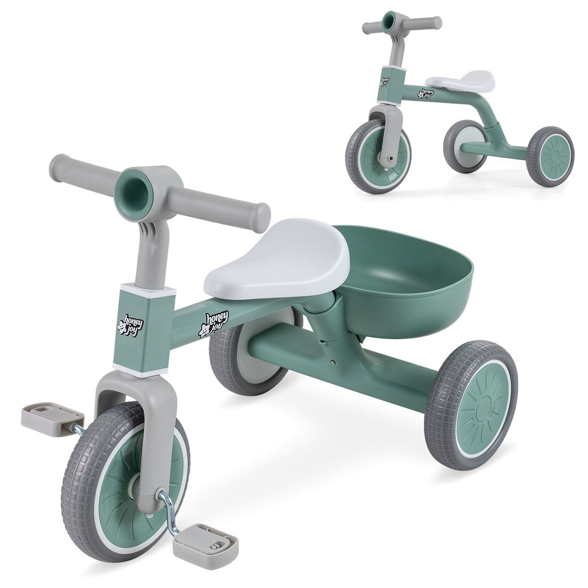 onvertible Kids Tricycle, Toddler Trike with 86° Limited Steering Angle, Carbon Steel Frame, Removable Pedals & Detachable Storage Basket