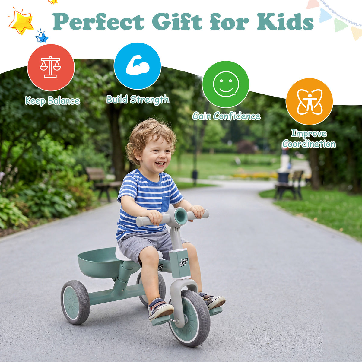 onvertible Kids Tricycle, Toddler Trike with 86° Limited Steering Angle, Carbon Steel Frame, Removable Pedals & Detachable Storage Basket