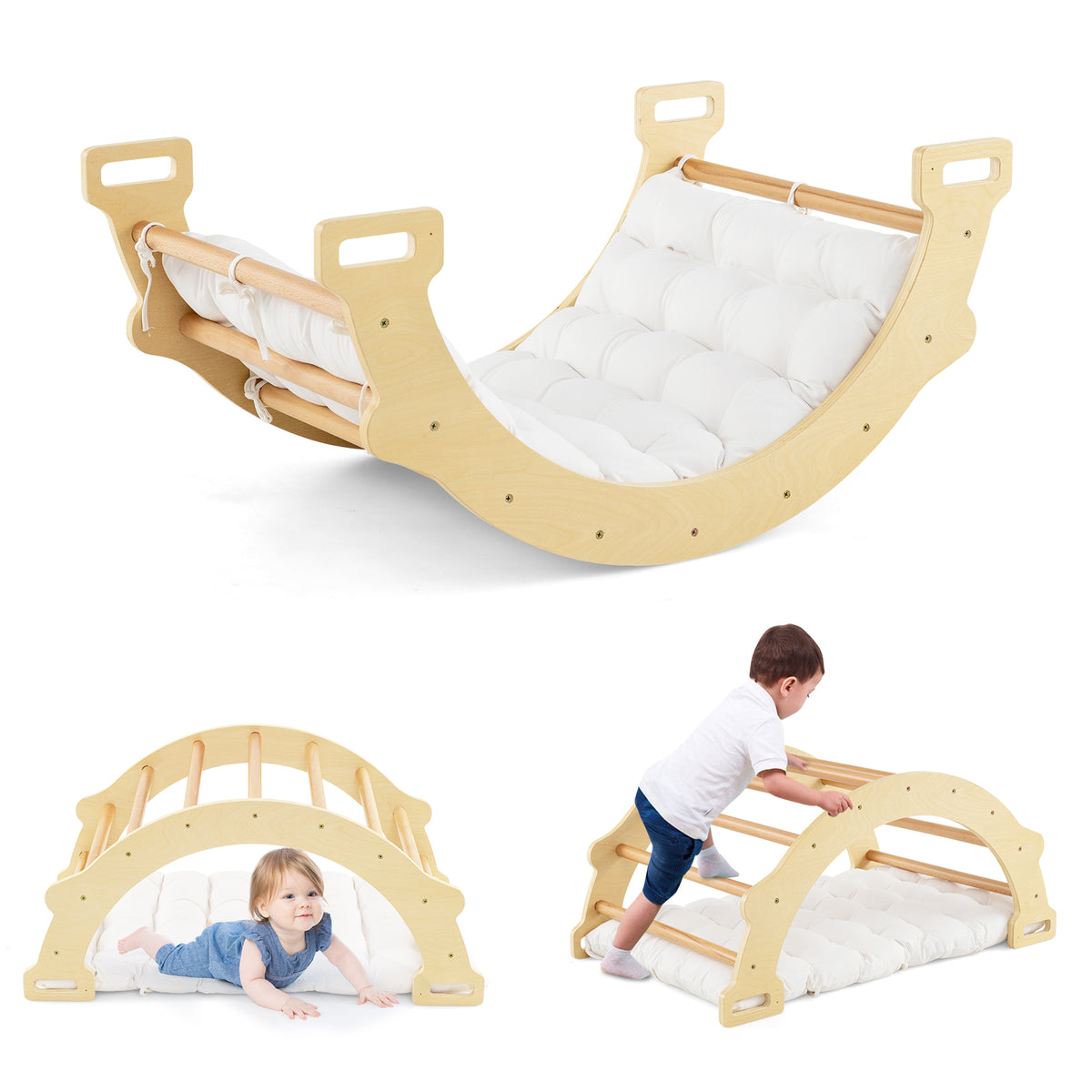 Kids Climber Arch Rocker with Cushion, 4-In-1 Convertible Wooden Arch Climbing Ladder