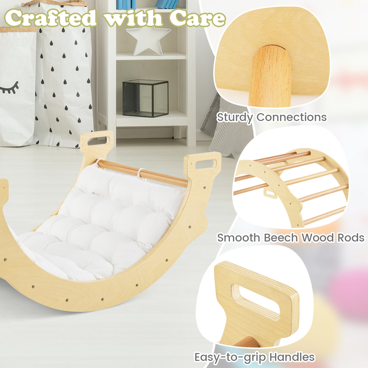 Kids Climber Arch Rocker with Cushion, 4-In-1 Convertible Wooden Arch Climbing Ladder