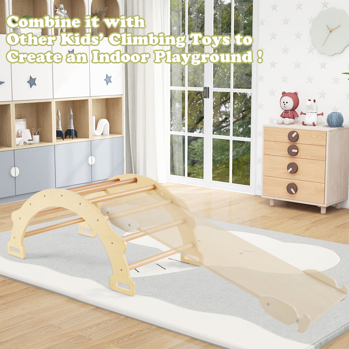 Kids Climber Arch Rocker with Cushion, 4-In-1 Convertible Wooden Arch Climbing Ladder