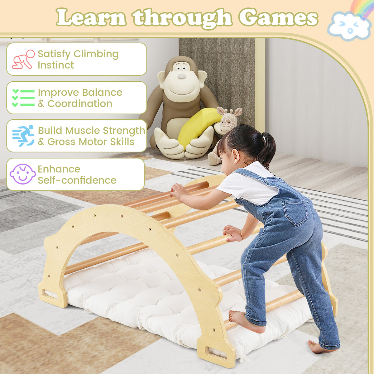 Kids Climber Arch Rocker with Cushion, 4-In-1 Convertible Wooden Arch Climbing Ladder