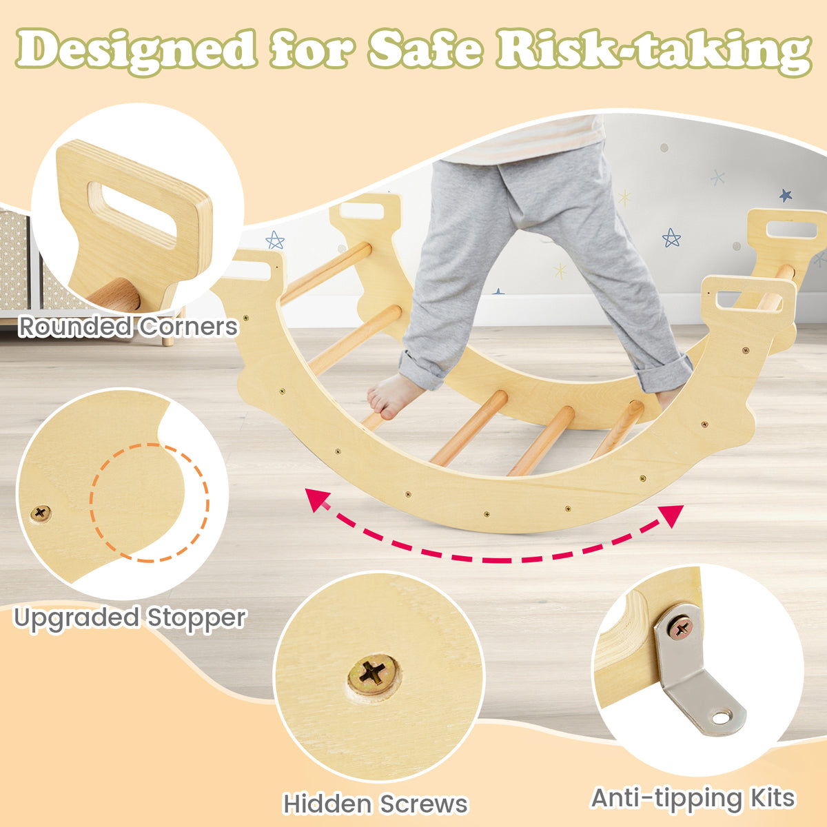 Kids Climber Arch Rocker with Cushion, 4-In-1 Convertible Wooden Arch Climbing Ladder