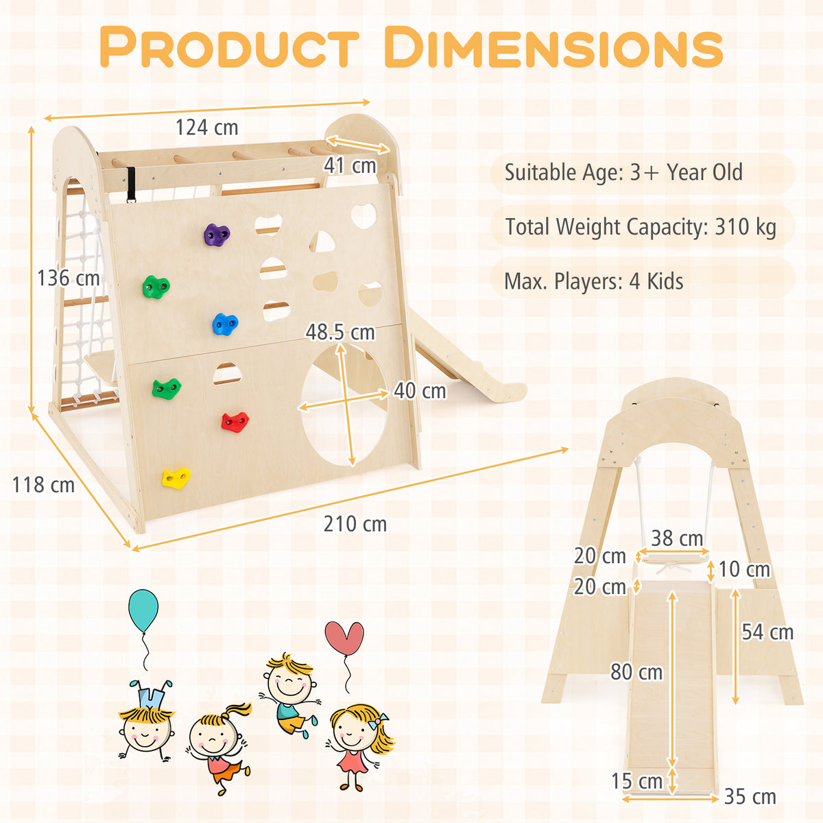 8-in-1 Indoor Jungle Gym, Wooden Playground with Climbing Wall
