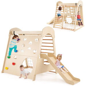 8-in-1 Indoor Jungle Gym, Wooden Playground with Climbing Wall