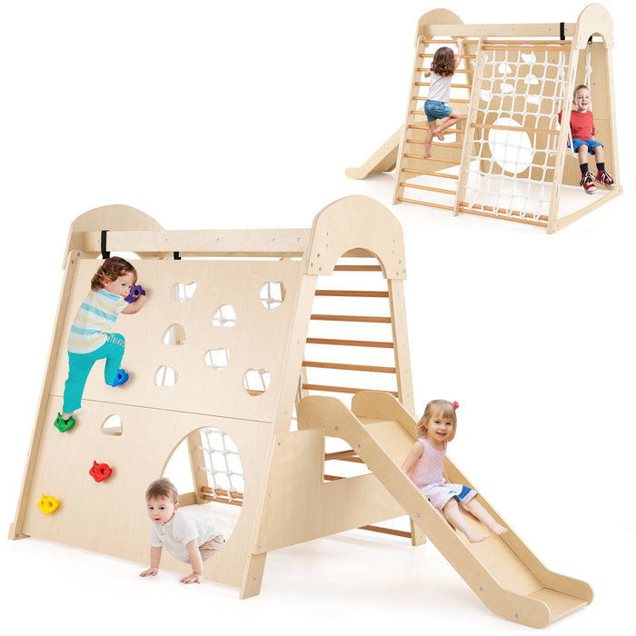 8-in-1 Indoor Jungle Gym, Wooden Playground with Climbing Wall