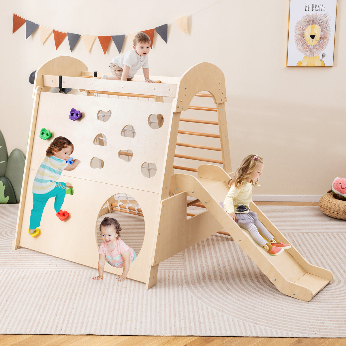 8-in-1 Indoor Jungle Gym, Wooden Playground with Climbing Wall