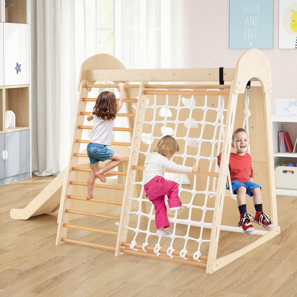 8-in-1 Indoor Jungle Gym, Wooden Playground with Climbing Wall