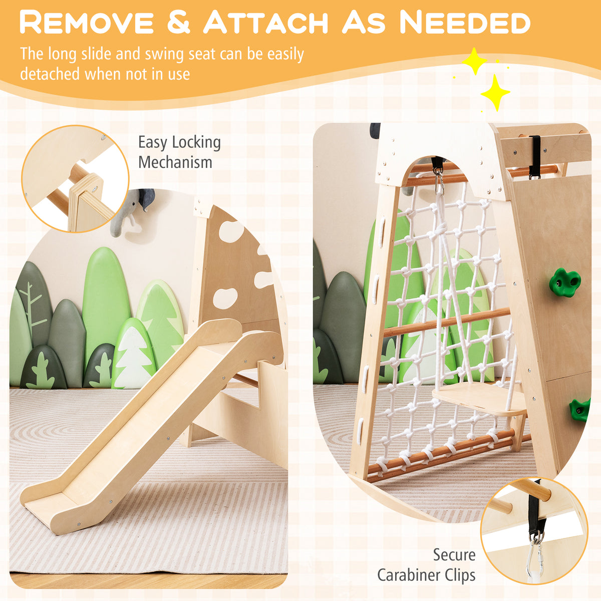8-in-1 Indoor Jungle Gym, Wooden Playground with Climbing Wall