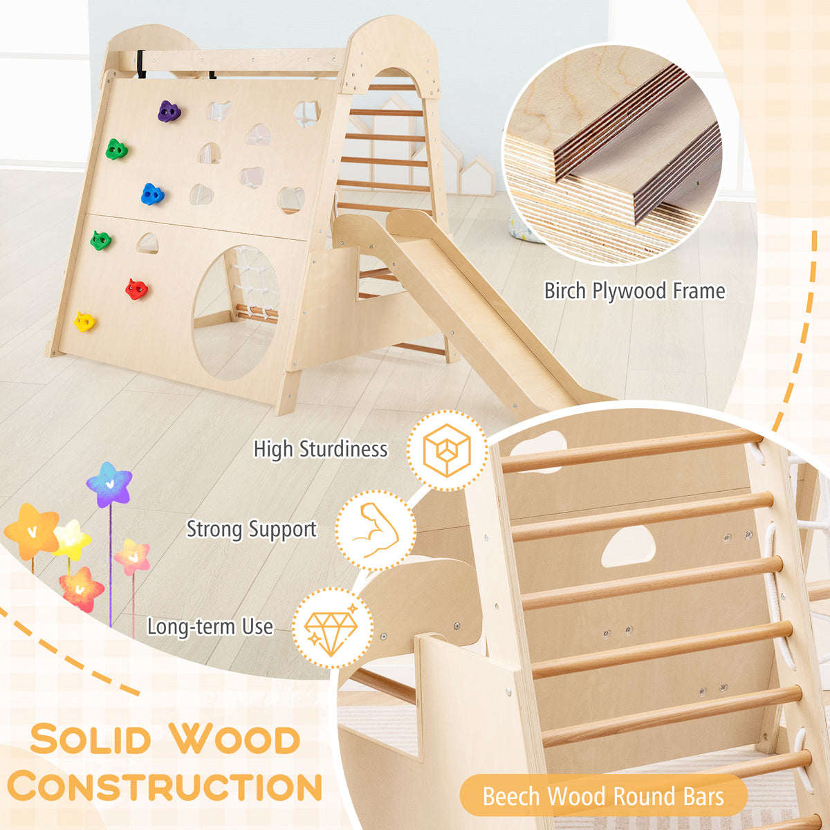 8-in-1 Indoor Jungle Gym, Wooden Playground with Climbing Wall