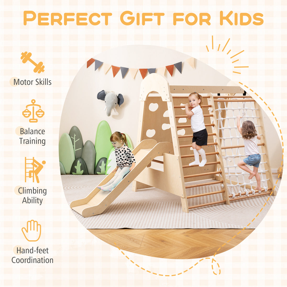 8-in-1 Indoor Jungle Gym, Wooden Playground with Climbing Wall
