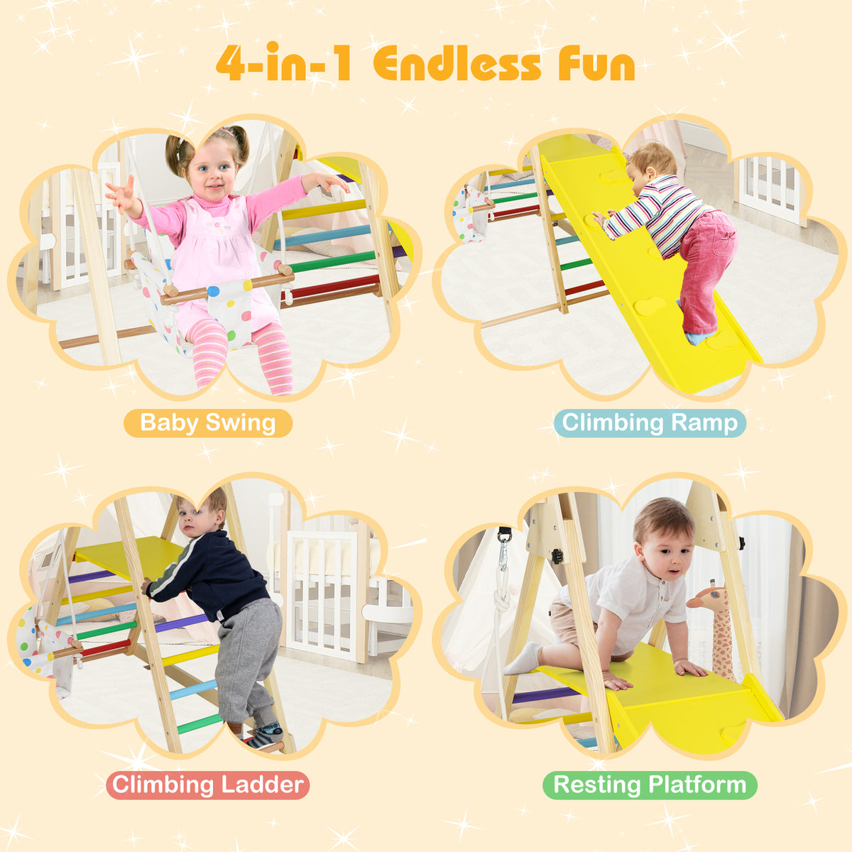 4-in-1 Indoor Jungle Gym, Indoor Playground with Baby Swing