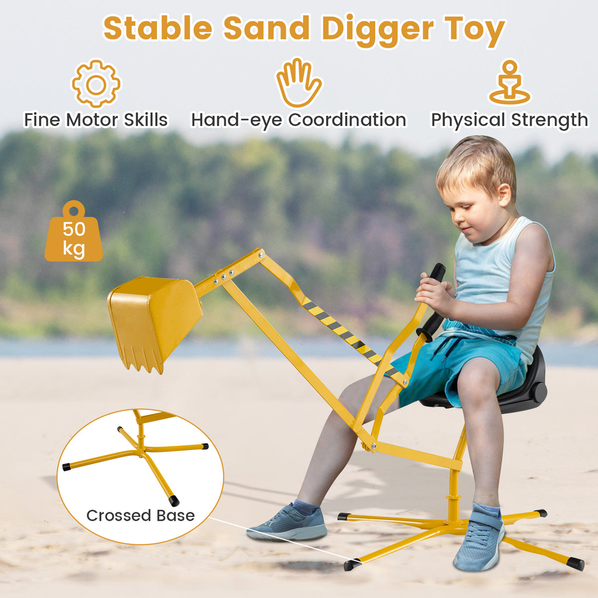 Sand Digger for Kids, Sandbox Toy Digger with 2-Handed Controls & Flexible Shovel