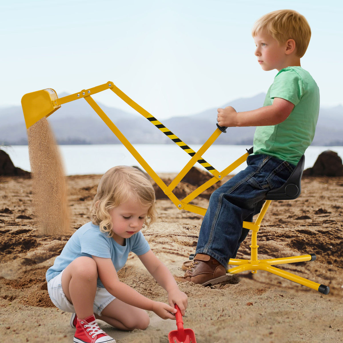 Sand Digger for Kids, Sandbox Toy Digger with 2-Handed Controls & Flexible Shovel