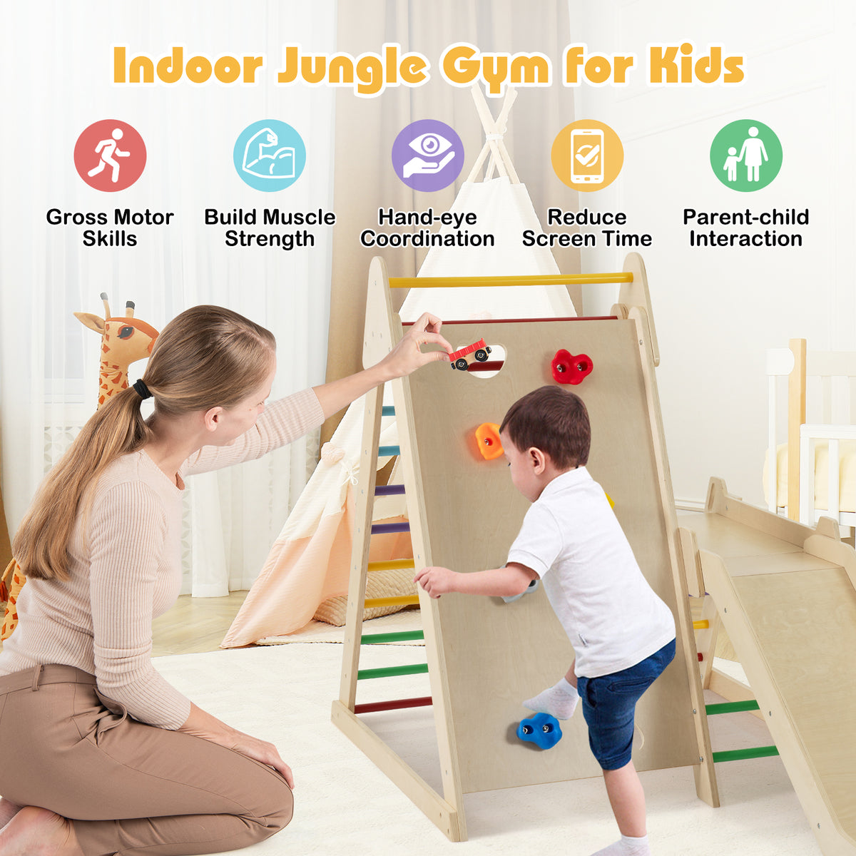 3-In 1 Jungle Gym, Indoor Playground for Toddlers with Extended Slide