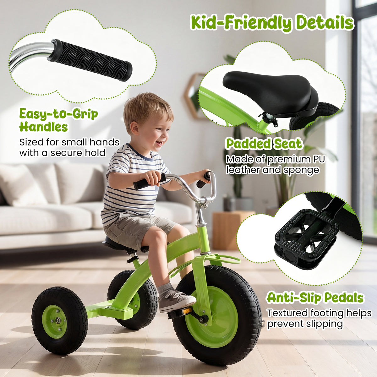Kids Tricycle, Carbon Steel Toddler Bike Toys with 15 Inch Inflatable Rubber Tires, Adjustable Handlebar & Seat, Ride on Toy for Boys Girls Aged 3+