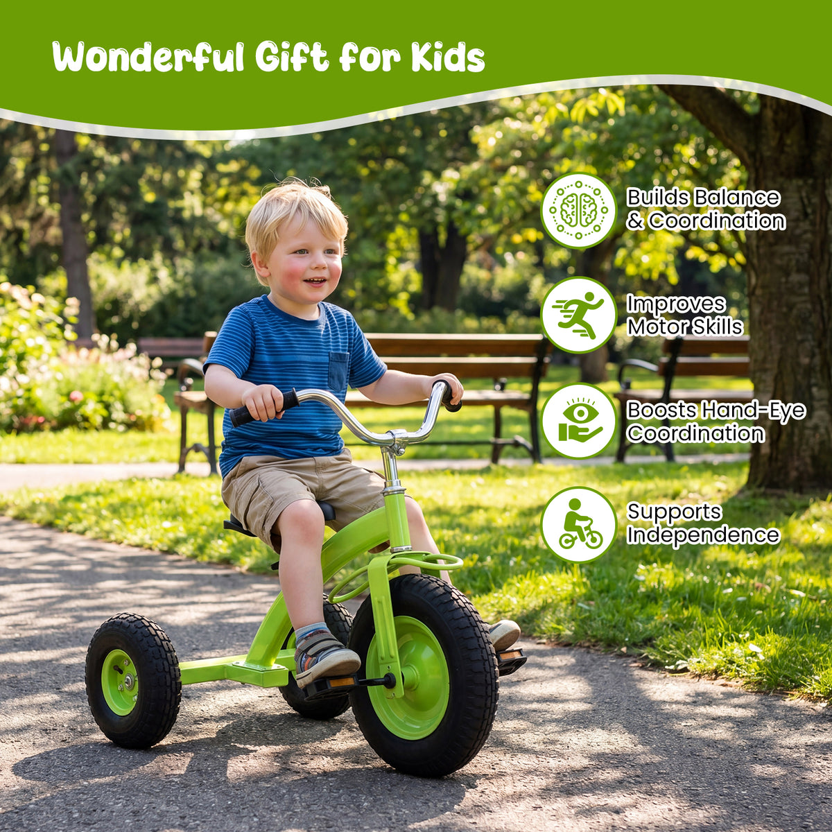 Kids Tricycle, Carbon Steel Toddler Bike Toys with 15 Inch Inflatable Rubber Tires, Adjustable Handlebar & Seat, Ride on Toy for Boys Girls Aged 3+