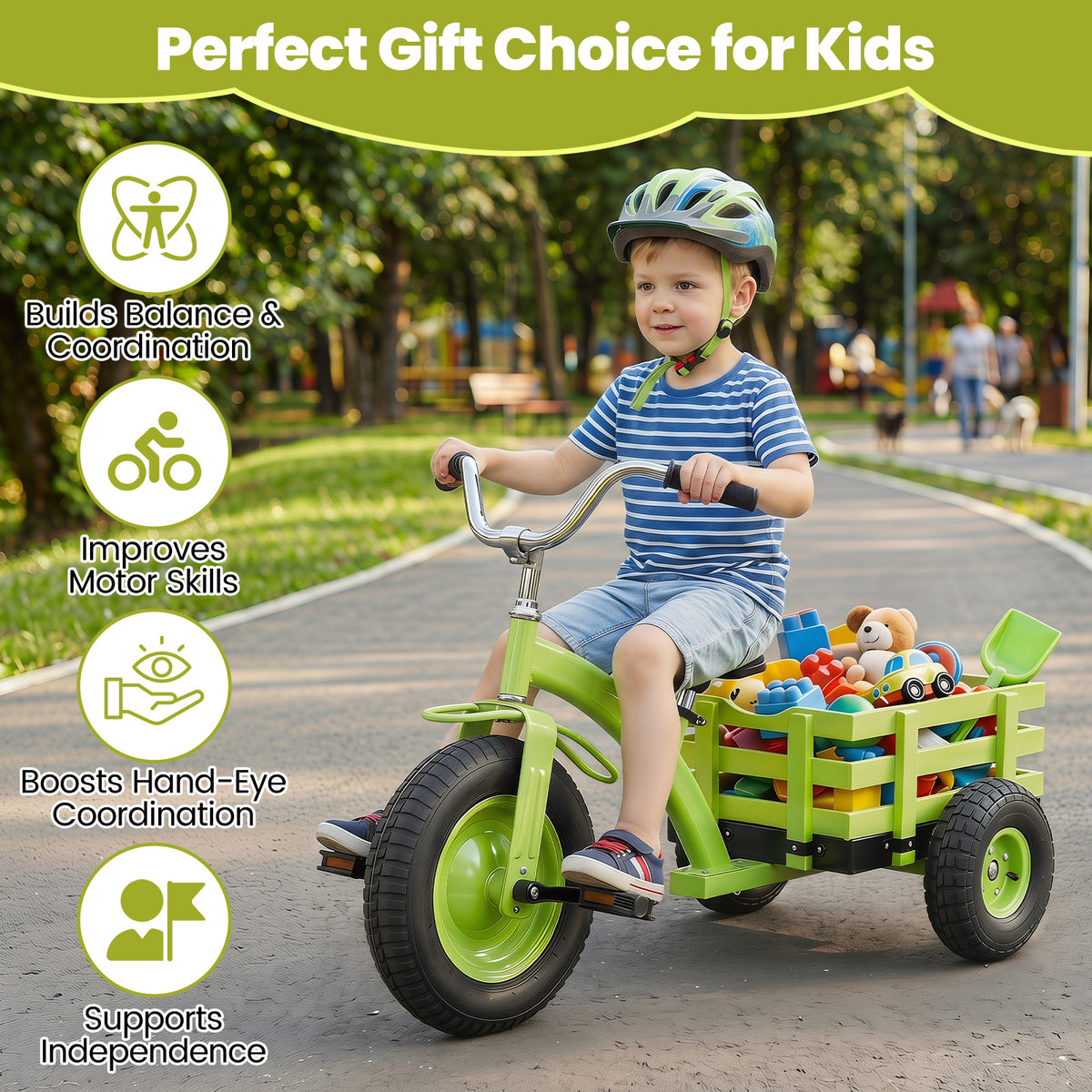 Kids Tricycle with Storage Basket, Carbon Steel Toddler Bike Toys with 15 Inch Inflatable Rubber Tires
