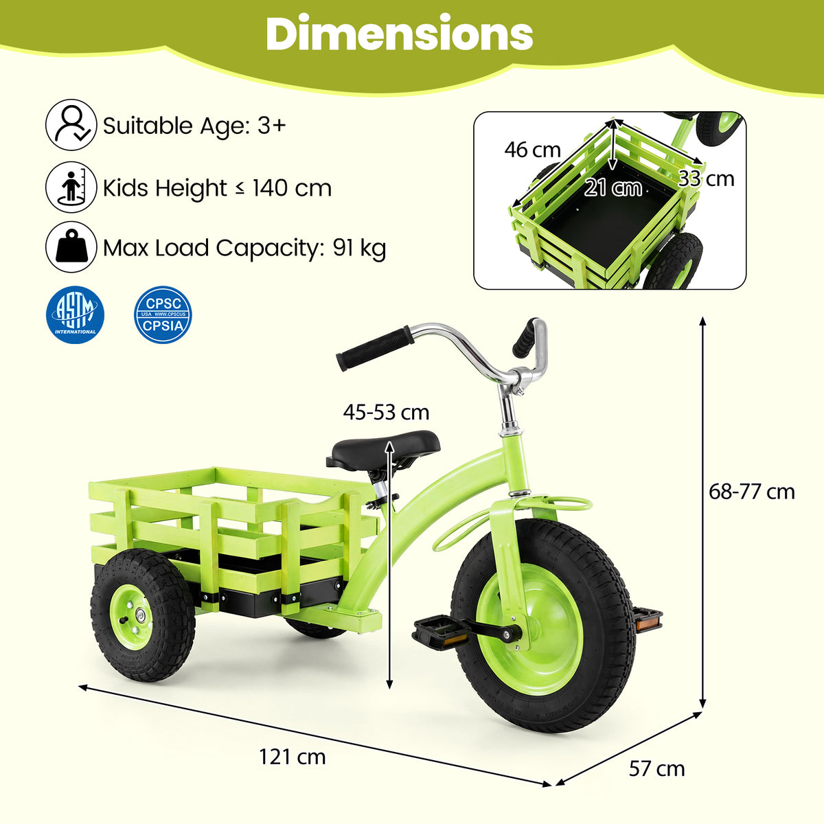 Kids Tricycle with Storage Basket, Carbon Steel Toddler Bike Toys with 15 Inch Inflatable Rubber Tires
