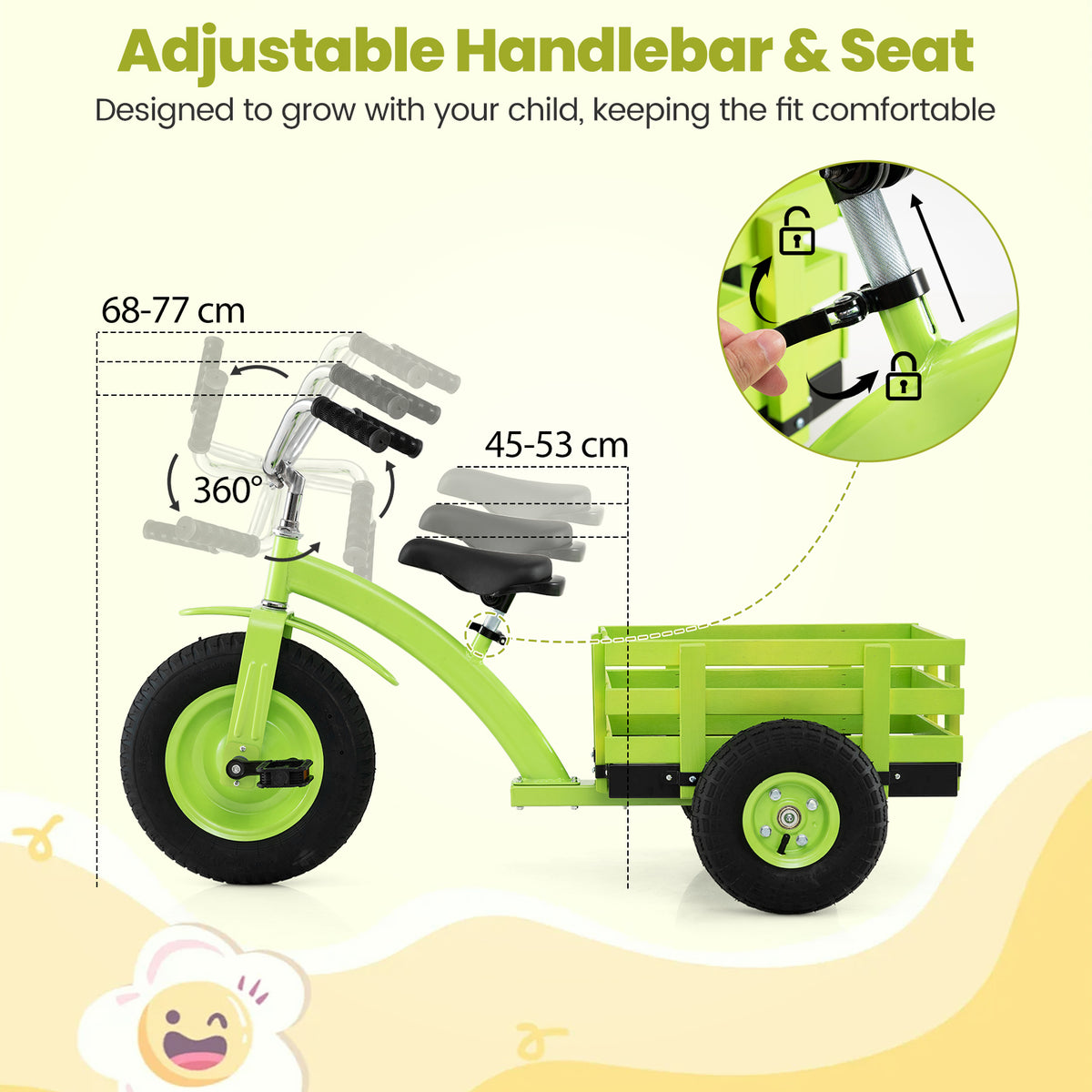 Kids Tricycle with Storage Basket, Carbon Steel Toddler Bike Toys with 15 Inch Inflatable Rubber Tires