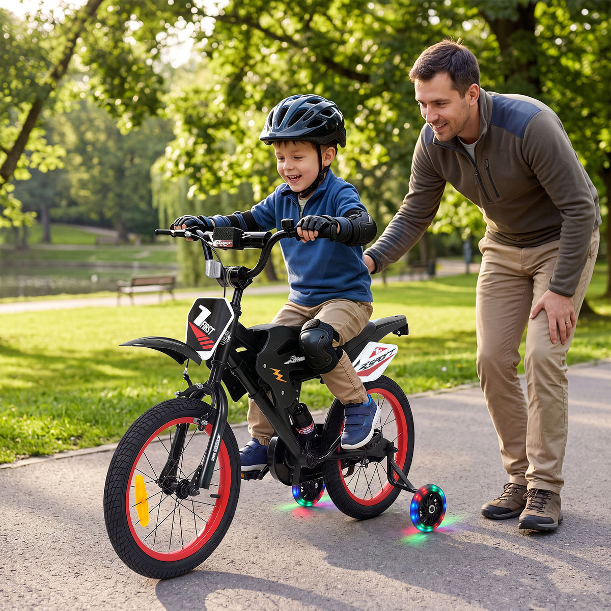 16 Inch Kids Bike Motocross Style with Sound Effects and Light-up Training Wheels