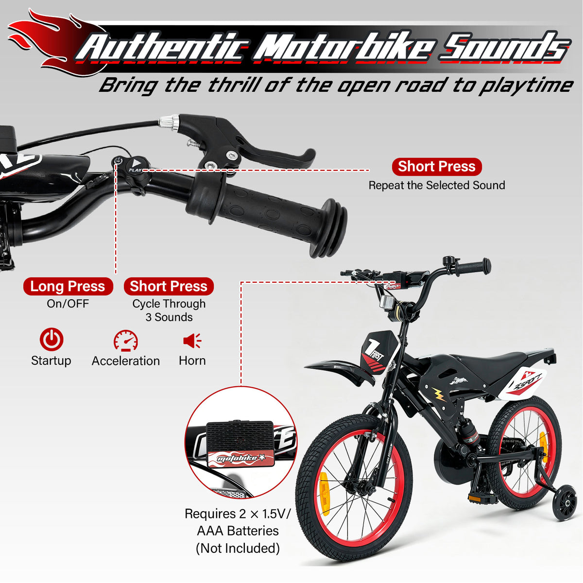16 Inch Kids Bike Motocross Style with Sound Effects and Light-up Training Wheels