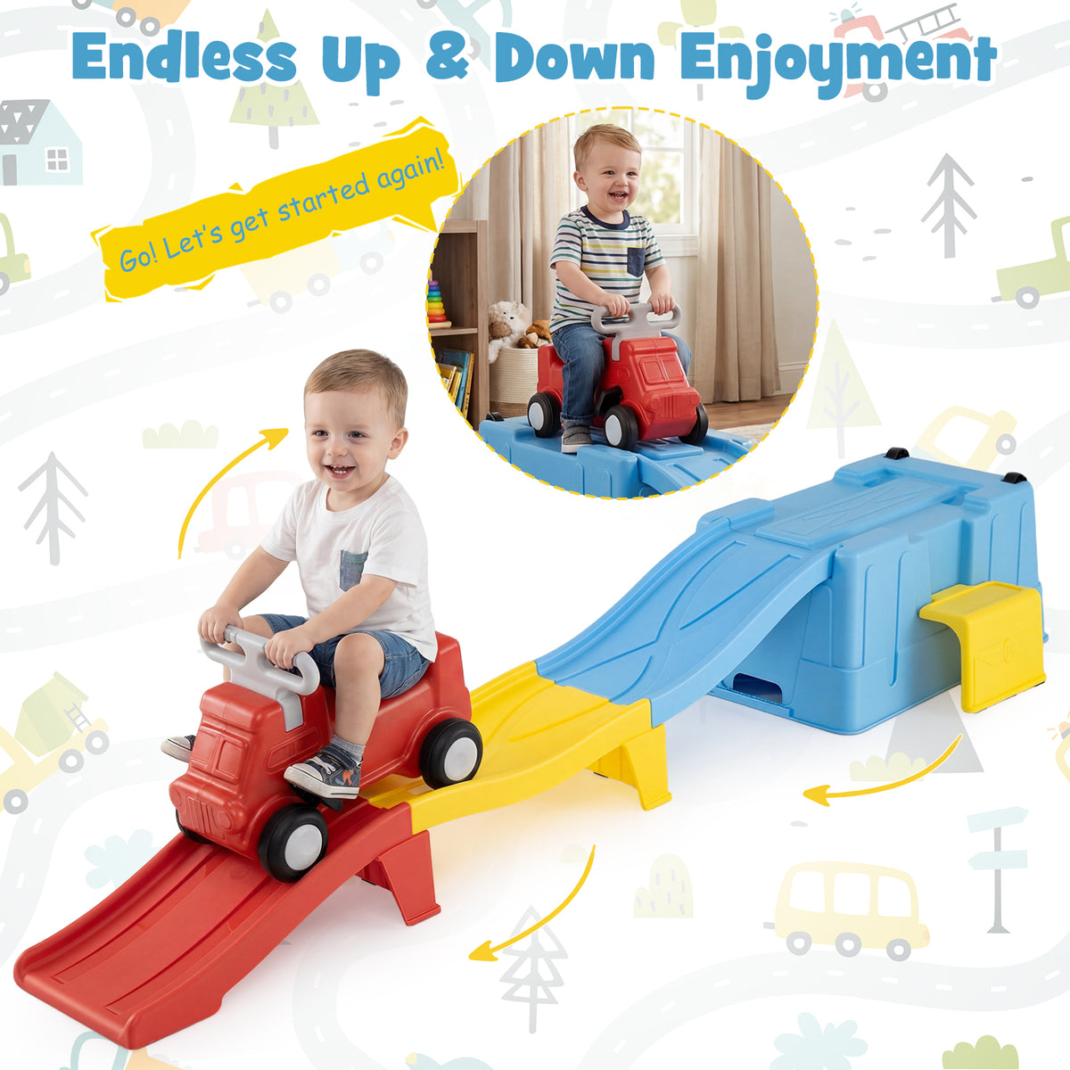 Kids Ride on Toy with Storage Box and Downhill Race Tracks for Kids Aged 3+ Years Old