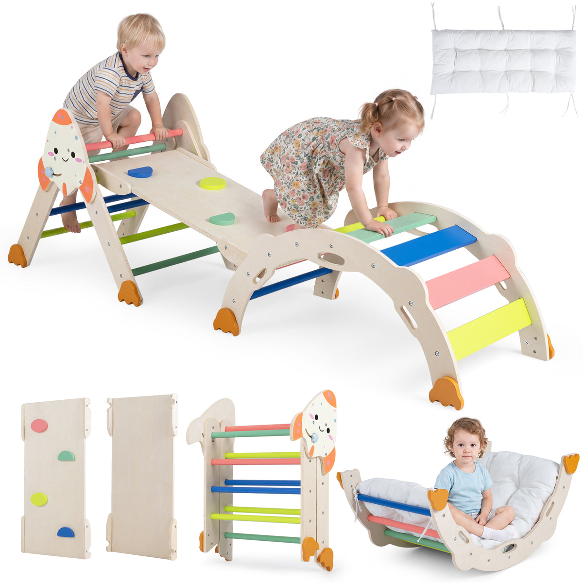 8-in-1 Climbing Toys for Toddlers, Rocket-Themed Foldable Montessori Wooden Arch Climber