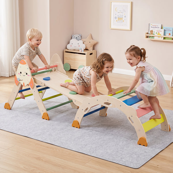 8-in-1 Climbing Toys for Toddlers, Rocket-Themed Foldable Montessori Wooden Arch Climber