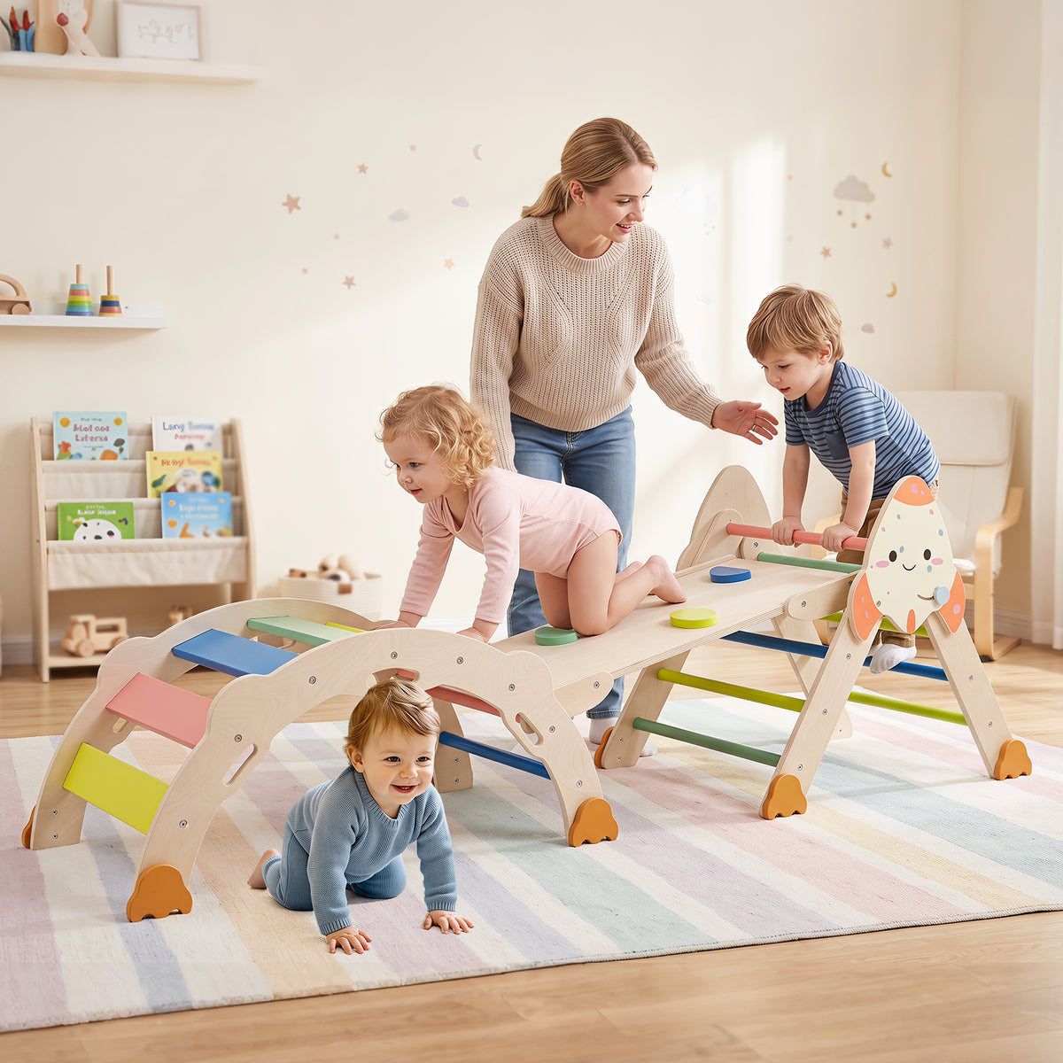 8-in-1 Climbing Toys for Toddlers, Rocket-Themed Foldable Montessori Wooden Arch Climber