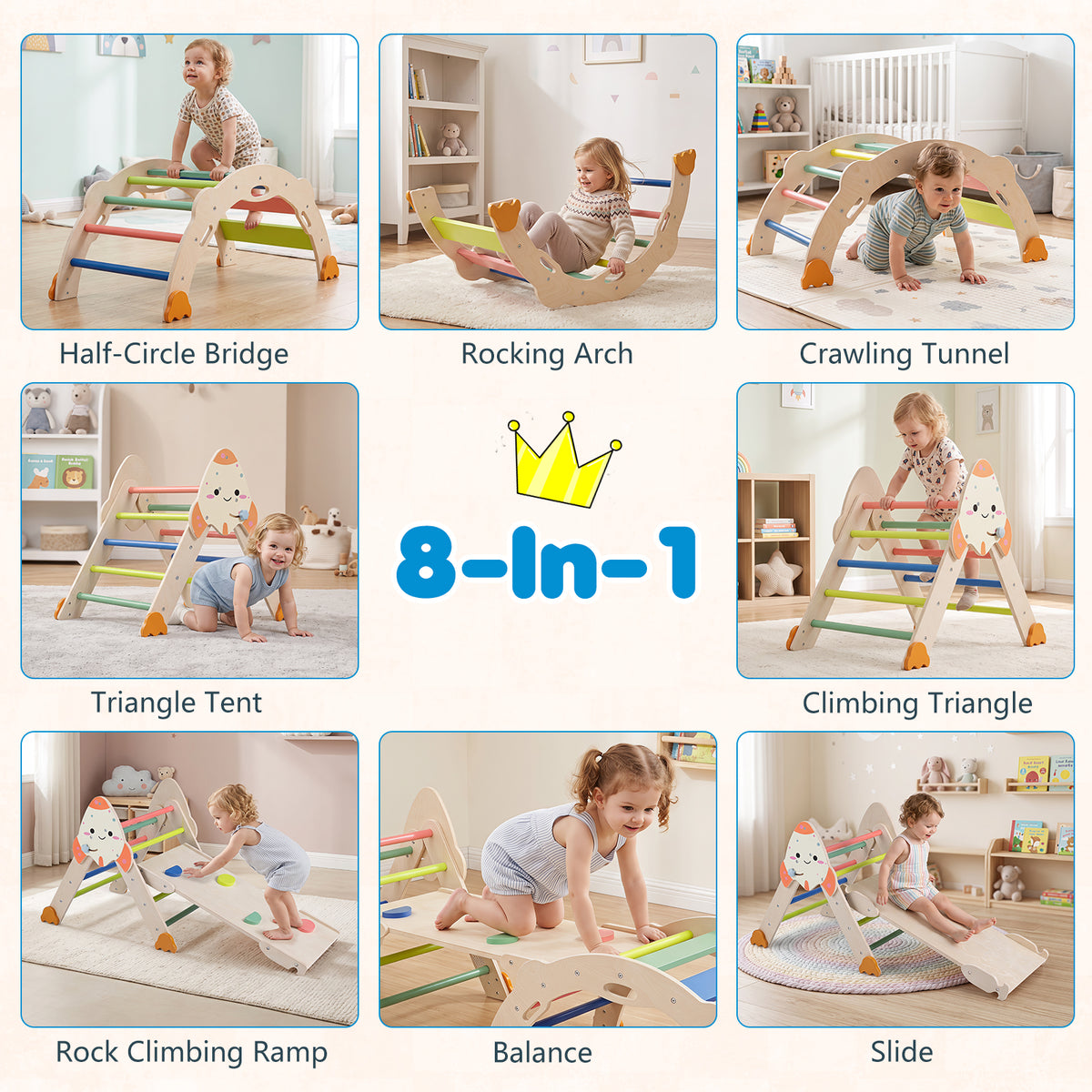 8-in-1 Climbing Toys for Toddlers, Rocket-Themed Foldable Montessori Wooden Arch Climber